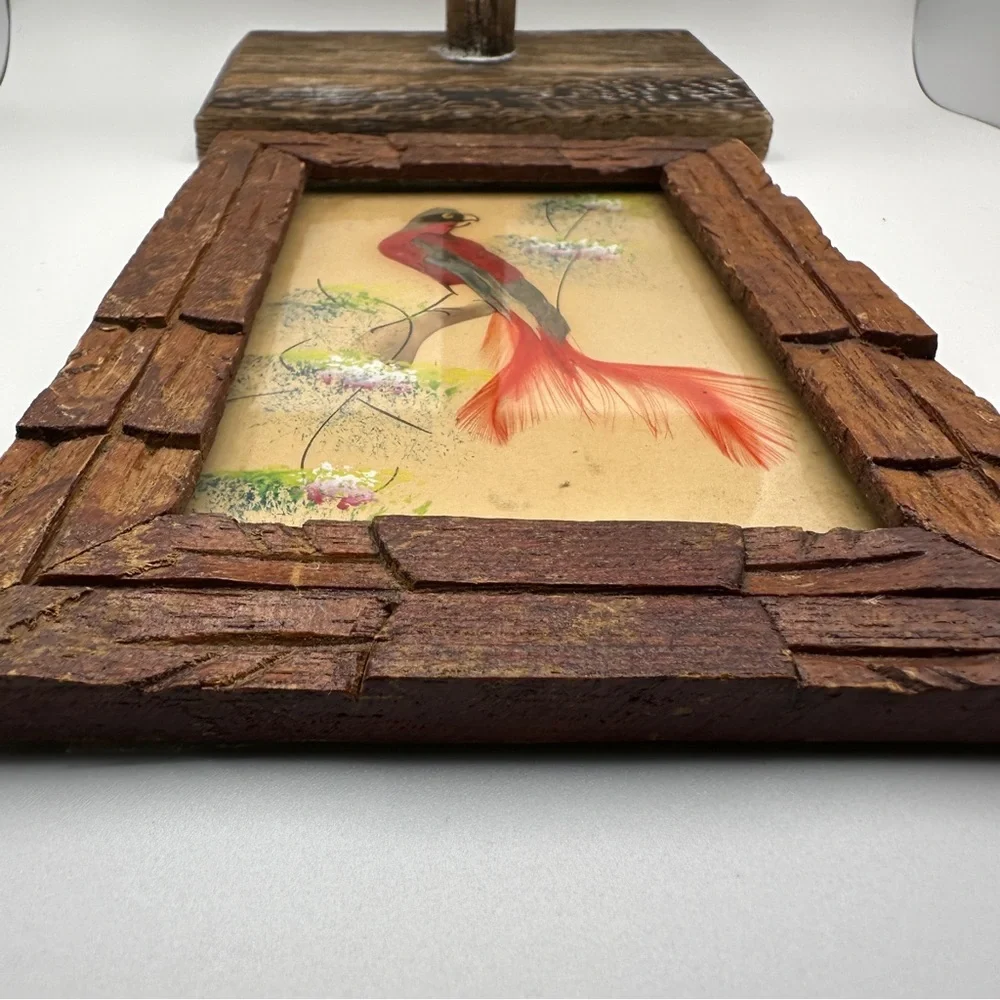Vibrant Vintage Mexican Folk Art Feather Craft Red Bird Picture Carved Frame - Picture 9 of 16